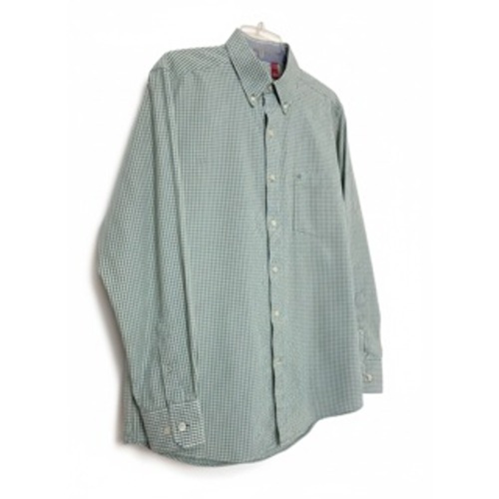 IZOD Mens Slim Fit Gingham Button Down Shirt Green White Long Sleeve Size M